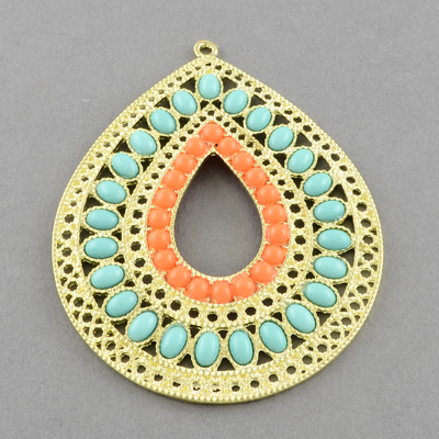 PandaHall Alloy Resin Big Pendantss, Lead Free & Nickel Free, Drop Big Pendants Necklace Findings, Colorful, , Golden, 77x62x4mm, Hole: 2mm...