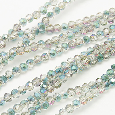 PandaHall Electroplate Glass Beads Strands, Half Plated, Faceted Round, Green, 3mm, Hole: 1mm; about 100pcs/strand, 11.5" Round Green