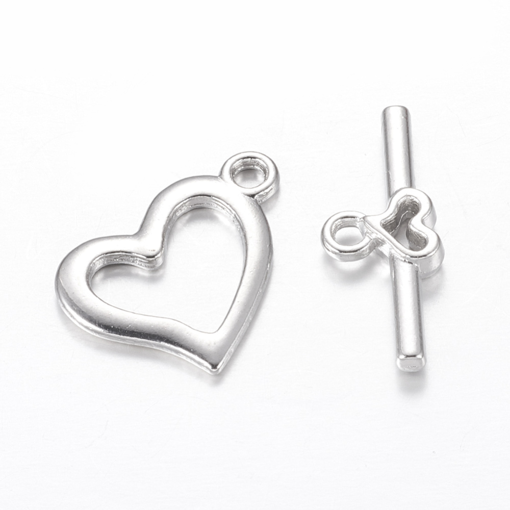PandaHall Metal Alloy Toggle Clasps, Heart, Platinum Color, Size: Heart: about 15mm wide, 19mm long; stick: 9mm wide, 22mm long. Alloy Heart