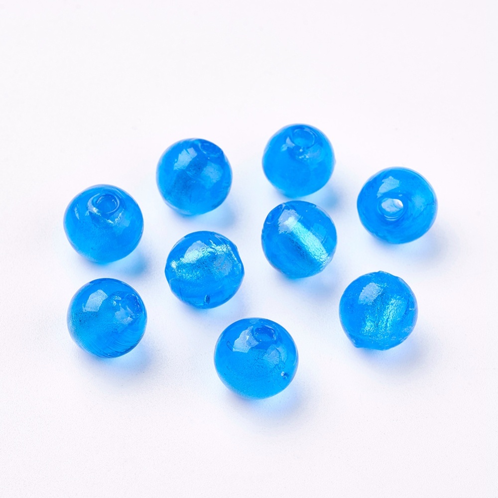 PandaHall Handmade Silver Foil Glass Beads, Round, DeepSkyBlue, about 10mm in diameter, hole: 1.5mm Silver Foil Round Blue
