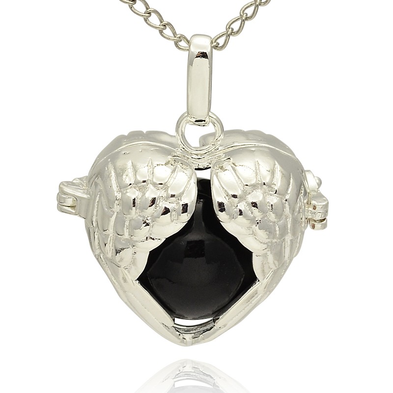 PandaHall Silver Tone Brass Hollow Heart Cage Pendants, with No Hole Spray Painted Brass Ball Beads, Black, 28x30x16mm, Hole: 3x8mm Brass...