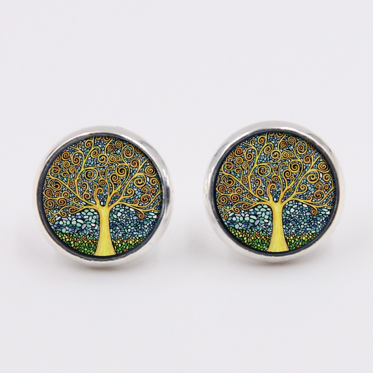 PandaHall Glass Stud Earrings, with Brass Findings, Flat Round with Tree of Life, Colorful, 14x5mm, Pin: 0.7mm Glass Silver