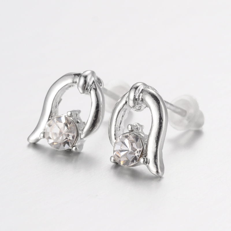PandaHall Alloy Stud Earrings, with Rhinestone, Platinum, 9.5x7mm, Pin: 0.7mm Alloy