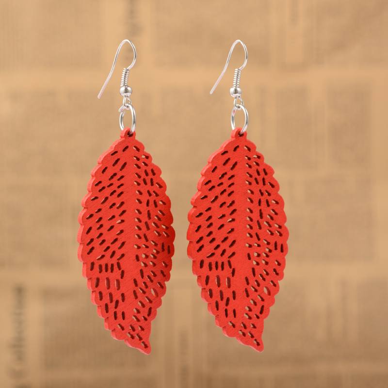 PandaHall Cute Design Filigree Leaf Wood Dangle Earrings, with Platinum Plated Iron Earring Hooks, Red, 79mm; Pin: 0.8mm Wood Red
