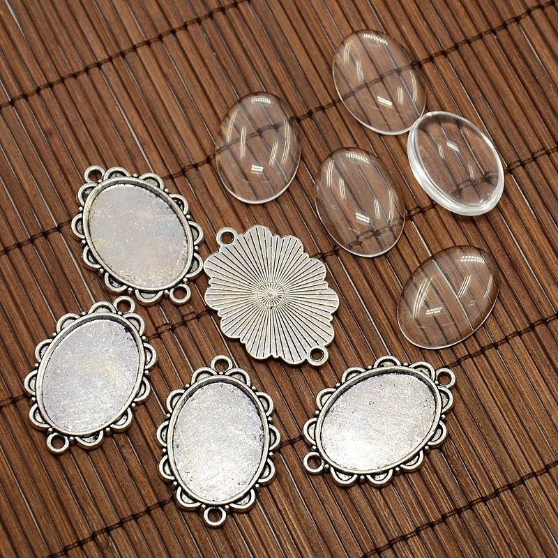 PandaHall 25x18mm Oval Dome Clear Glass Cover and Antique Silver Alloy Cabochon Connector Settings Sets, Nickel Free, Settings: 36x25x2mm...