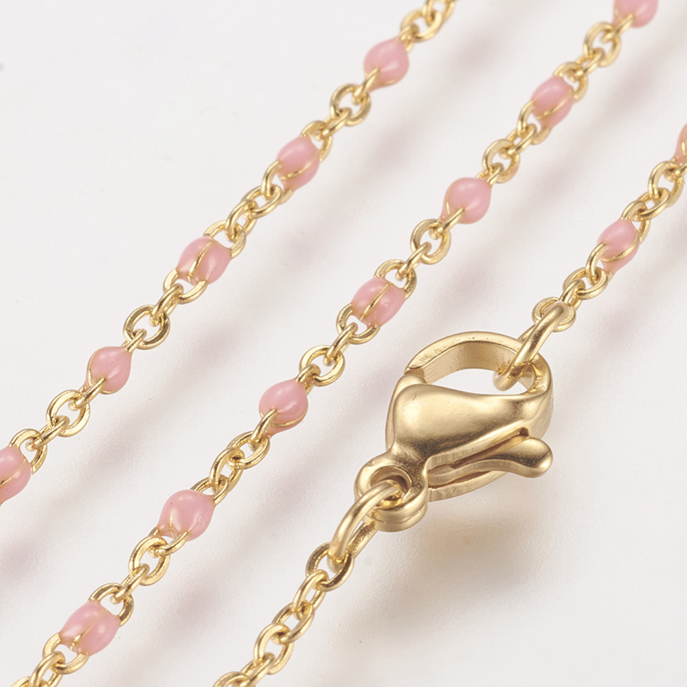 PandaHall 304 Stainless Steel Chain Necklaces, with Enamel, Golden, Pink, 17.91"(45.5cm); 2mm Stainless Steel Pink