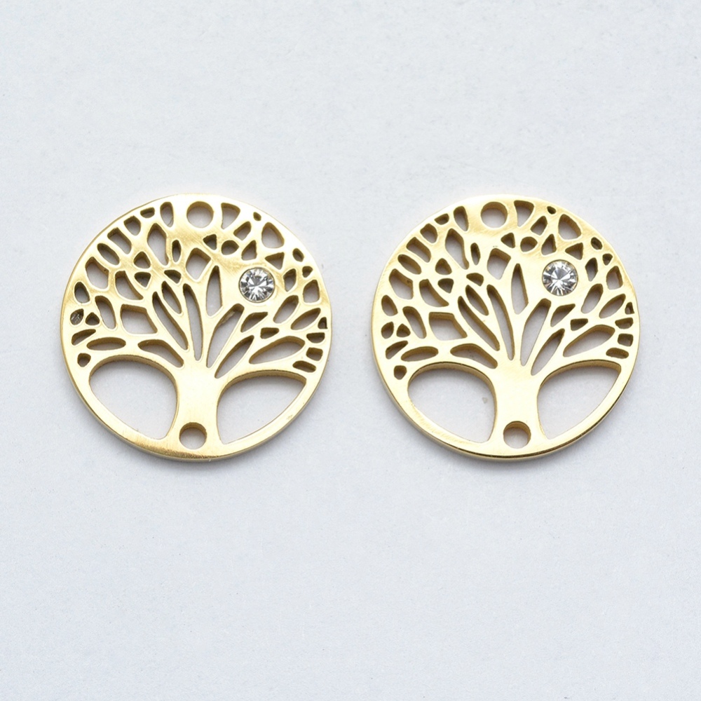 PandaHall 316 Stainless Steel Micro Pave Cubic Zirconia Links, Tree of Life, Clear, Golden, 15x2mm, Hole: 1mm Stainless Steel Tree Clear