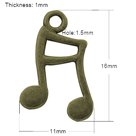 PandaHall Tibetan Style Pendants, Lead Free & Nickel Free, Note, Antique Bronze, 16x11x1mm, Hole: 1.5mm Alloy Musical Note