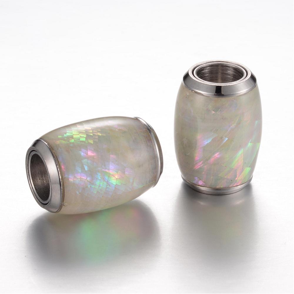 PandaHall 304 Stainless Steel Enamel Magnetic Clasps, with Shell, Barrel, OldLace, 16x12mm, Hole: 6mm Stainless Steel Barrel Ivory