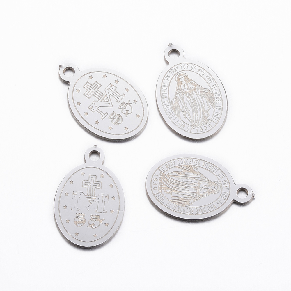 PandaHall 304 Stainless Steel Charms, Oval with Virgin Mary, Stainless Steel Color, 14x9x0.8mm, Hole: 1mm Stainless Steel Oval