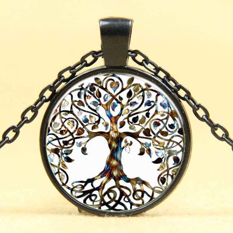 PandaHall Tree Of Life Pattern Flat Round Glass Pendant Necklaces, with Alloy Chains, Gunmetal, 18" Alloy