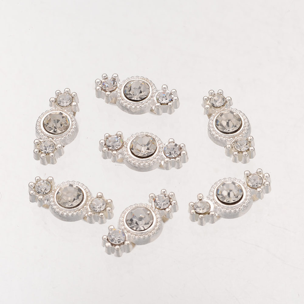 PandaHall Metal Alloy Links, with Rhinestones, Silver Color, 17x9x6mm, Hole: 1.5mm Alloy+Rhinestone Round