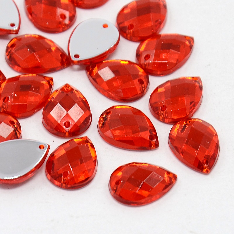 PandaHall Sew on Rhinestone, Taiwan Acrylic Rhinestone, Two Holes, Garments Accessories, Red, Drop, about 10mm wide, 14mm long, 4mm thick...