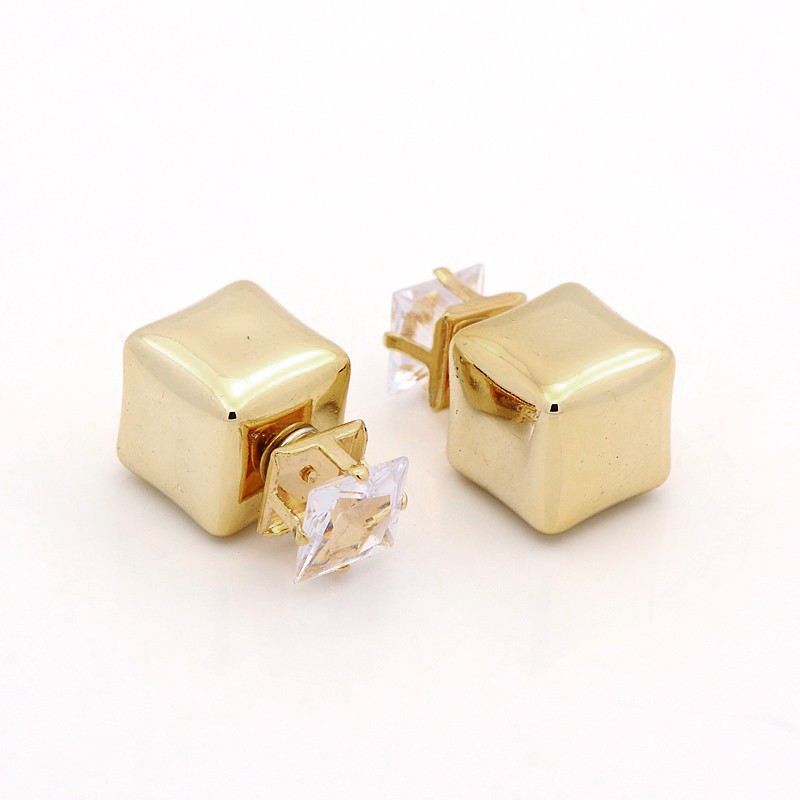 PandaHall Women's 2015 Hot Selling Resin Double Sided Cube Ear Studs, with Glass Imitate Cubic Zirconia and Stainless Steel Pin, LightKhaki...