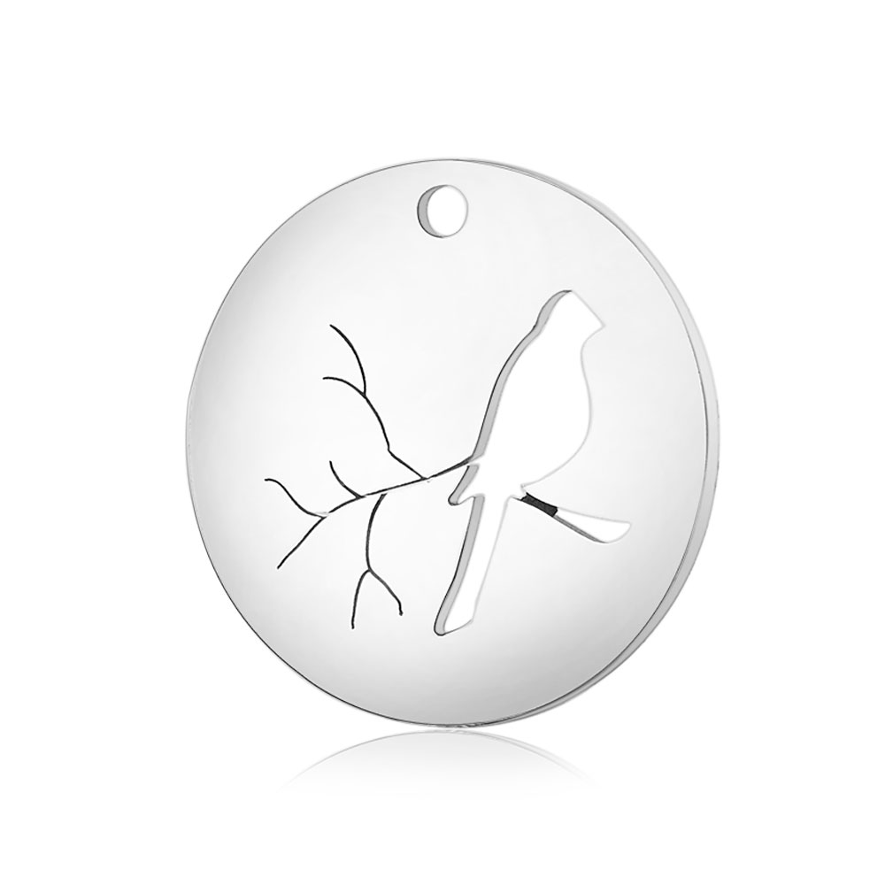 PandaHall 304 Stainless Steel Pendants, Flat Round with Bird, Stainless Steel Color, 20x1.1mm, Hole: 1.5mm Stainless Steel Flat Round