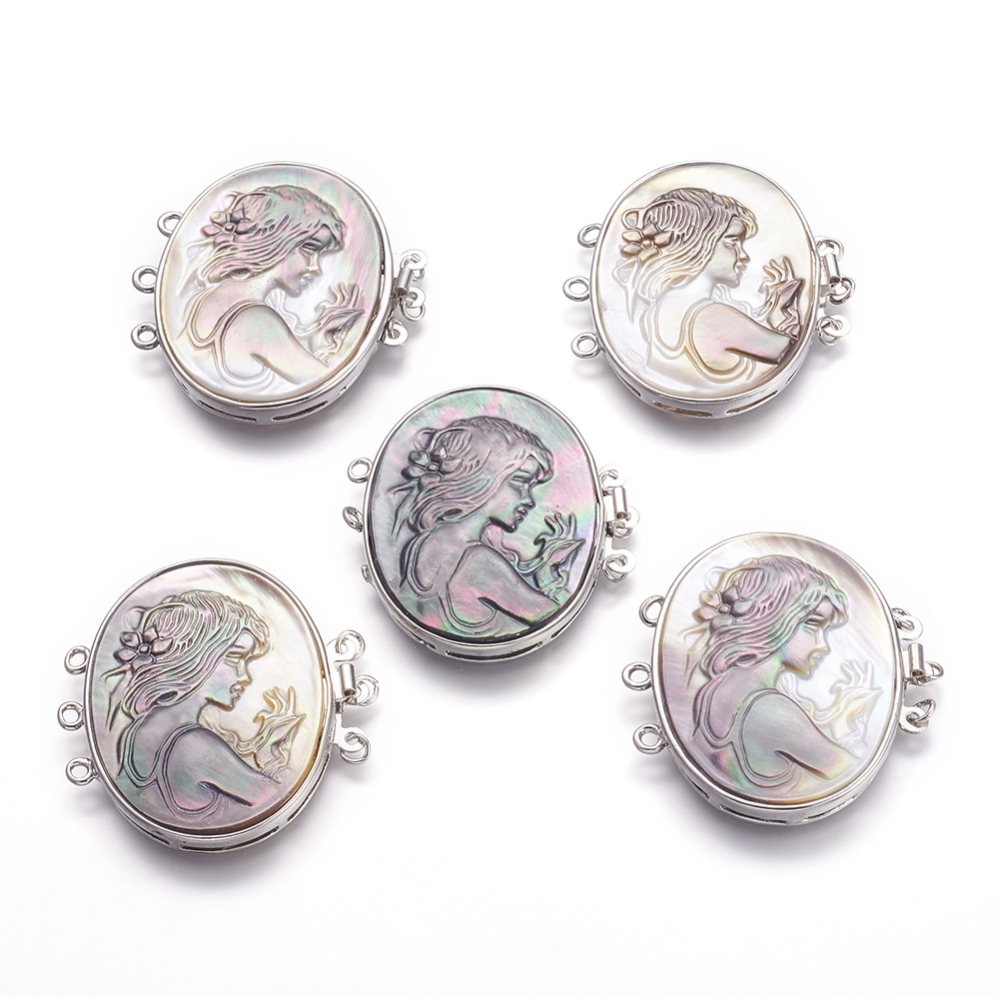 PandaHall Black Lip Shell Box Clasps, Multi-Strand Clasps, with Platinum Tone Brass Findings, Oval with Girl, 42.5x38.5~40x6~6.5mm, Hole...