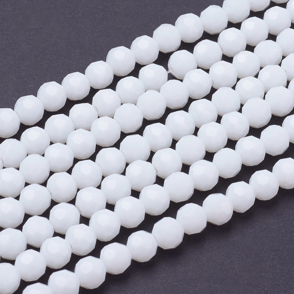 PandaHall Faceted Glass Beads Strands, Round, White, 6mm, Hole: 1mm; about 100pcs/strand, 22.6" Glass Round White
