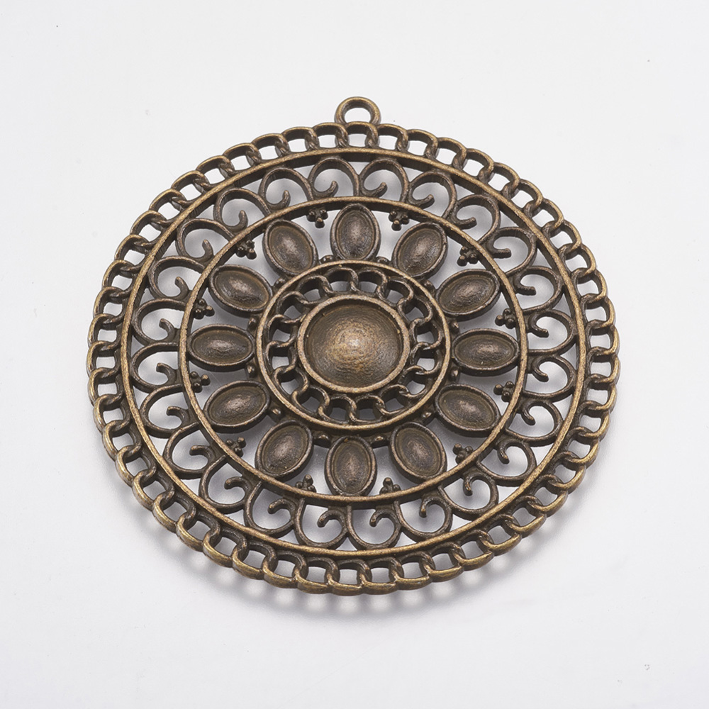 PandaHall Tibetan Style Alloy Flat Round Aztec Big Pendant Cabochon Settings, Lead Free & Nickel Free, Antique Bronze, 55.5x53x2.5mm, Hole...