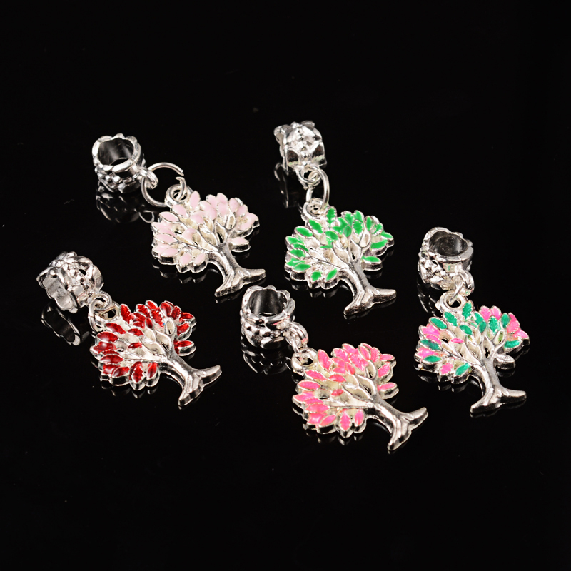 PandaHall Zinc Alloy European Dangle Beads, Silver Plated Enamel Tree of Life Charms, Lead Free & Nickel Free, Mixed Color, 33x16x2mm, Hole...