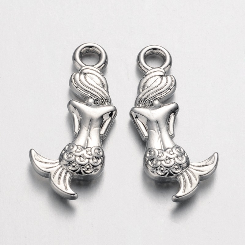 PandaHall Alloy Pendants, Lead Free and Nickel Free, Mermaid, Platinum Color, 20x7x2mm, Hole: 2mm Alloy Human