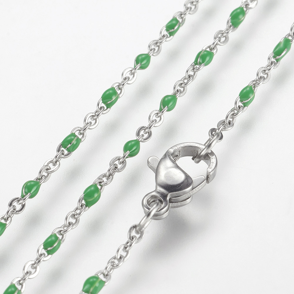 PandaHall 304 Stainless Steel Chain Necklaces, with Enamel, Platinum, Green, 17.91"(45.5cm); 2mm Stainless Steel Green
