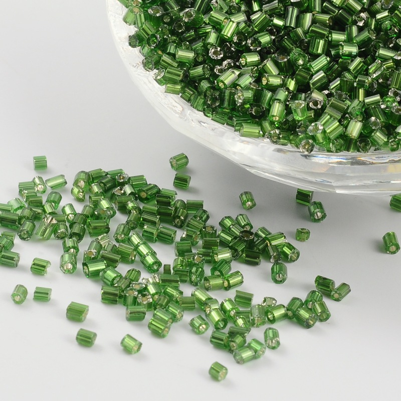 PandaHall 11/0 Glass seed beads, 2cut, Silver Lined Round Hole, Green, Size: about 2.2mm in diameter; about 4500pcs/50g Glass Green
