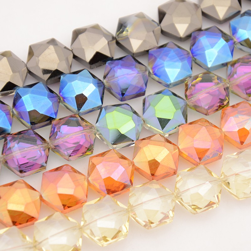 PandaHall Hexagon Electroplate Full Rainbow Plated Glass Beads Strands, Faceted, Mixed Color, 15x14x8mm, Hole: 1mm; about 40pcs/strand...