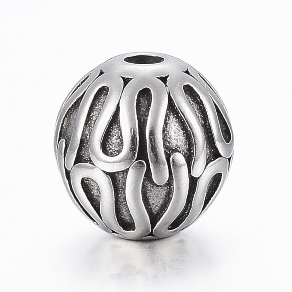 PandaHall 304 Stainless Steel Beads, Round, Antique Silver, 9.5x9.5mm, Hole: 2mm Stainless Steel Round