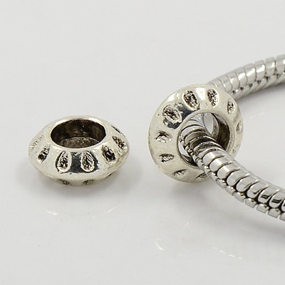 PandaHall Tibetan Silver European Beads, Large Hole Beads, Rondelle, Antique Silver, Lead Free & Cadmium Free; 10x4mm, Hole: 5mm Alloy Round