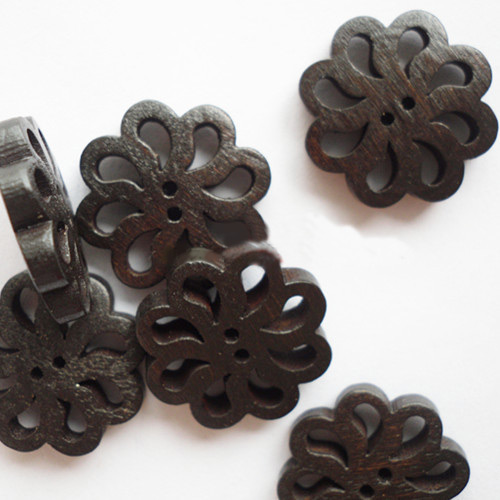 PandaHall Carved Buttons in Flower Shape, Wooden Buttons, Coffee, 19mm long, 19mm wide 4.5mm thick hole: 1mm, Wood Brown