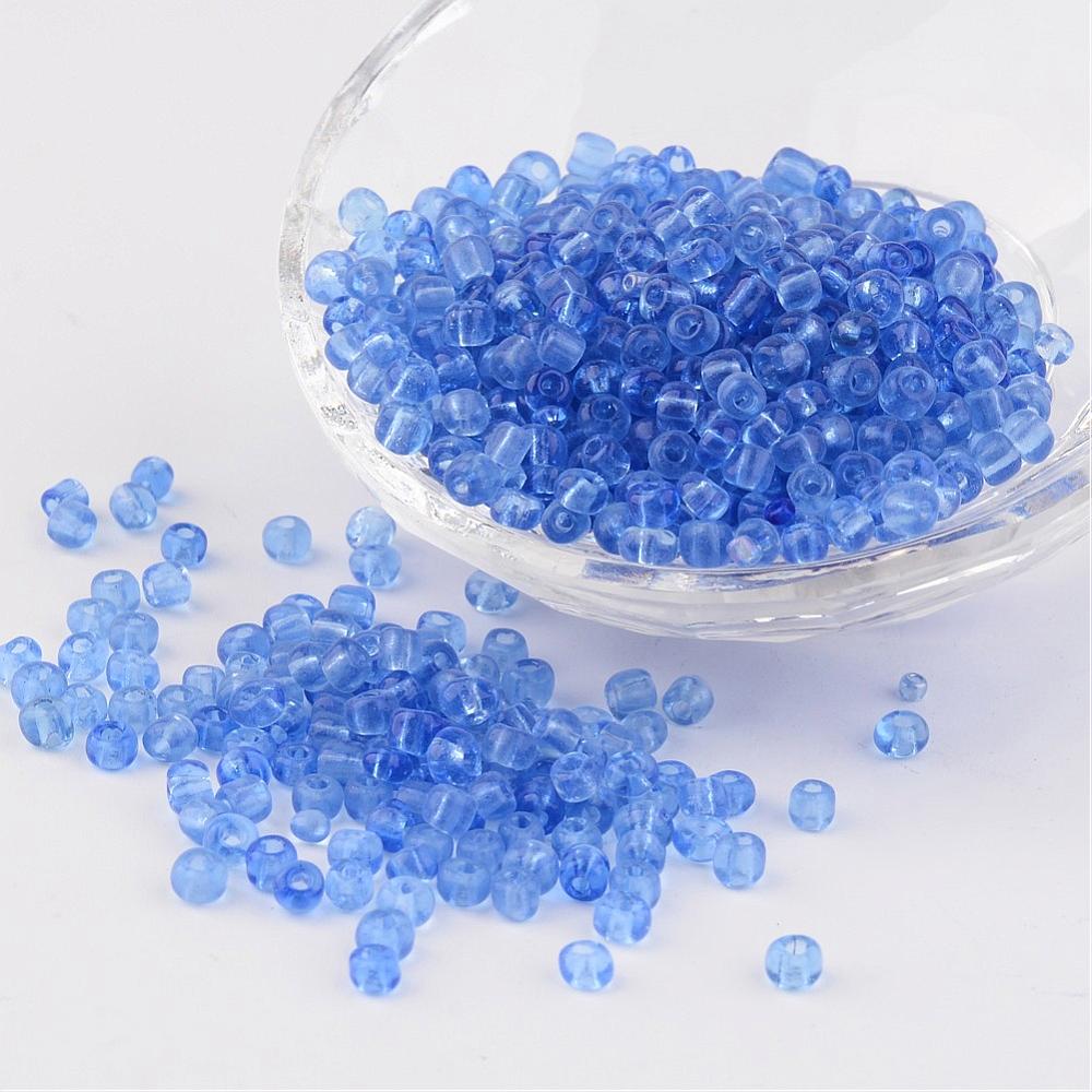 PandaHall 6/0 Glass Seed Beads, Transparent, Round, LightBlue, 4mm, hole: 1.5mm; about 496pcs/50g Glass Blue