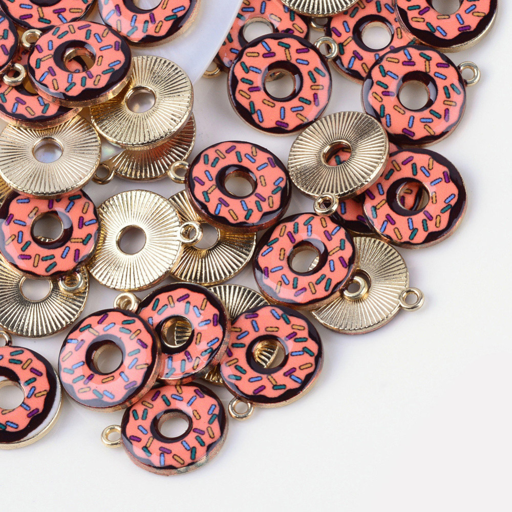 PandaHall Donut Printed Alloy Pendants, LightSalmon, 19x16x2mm, Hole: 1.5mm Alloy Donut Red