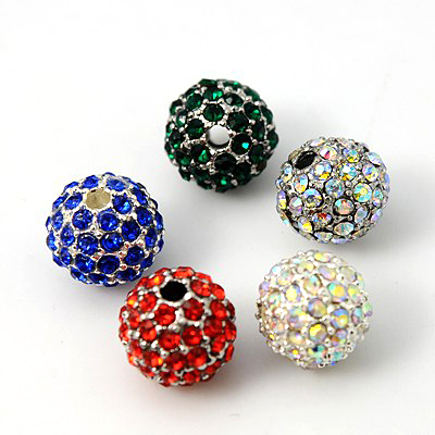 PandaHall Alloy Rhinestone Beads, Grade A, Round, Silver Metal Color, Mixed Color, 10mm, Hole: 2mm Alloy+Rhinestone Round