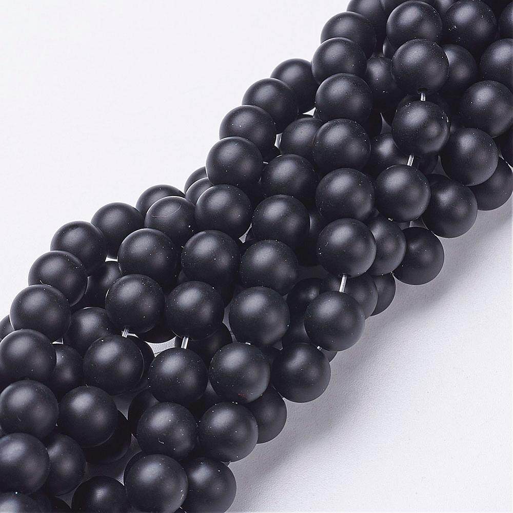 PandaHall Natural Black Agate Beads Strands, Grade A, Frosted, Round, Dyed & Heated, 8mm, Hole: 1mm; about 48pcs/strand, 15.5" Black Agate...