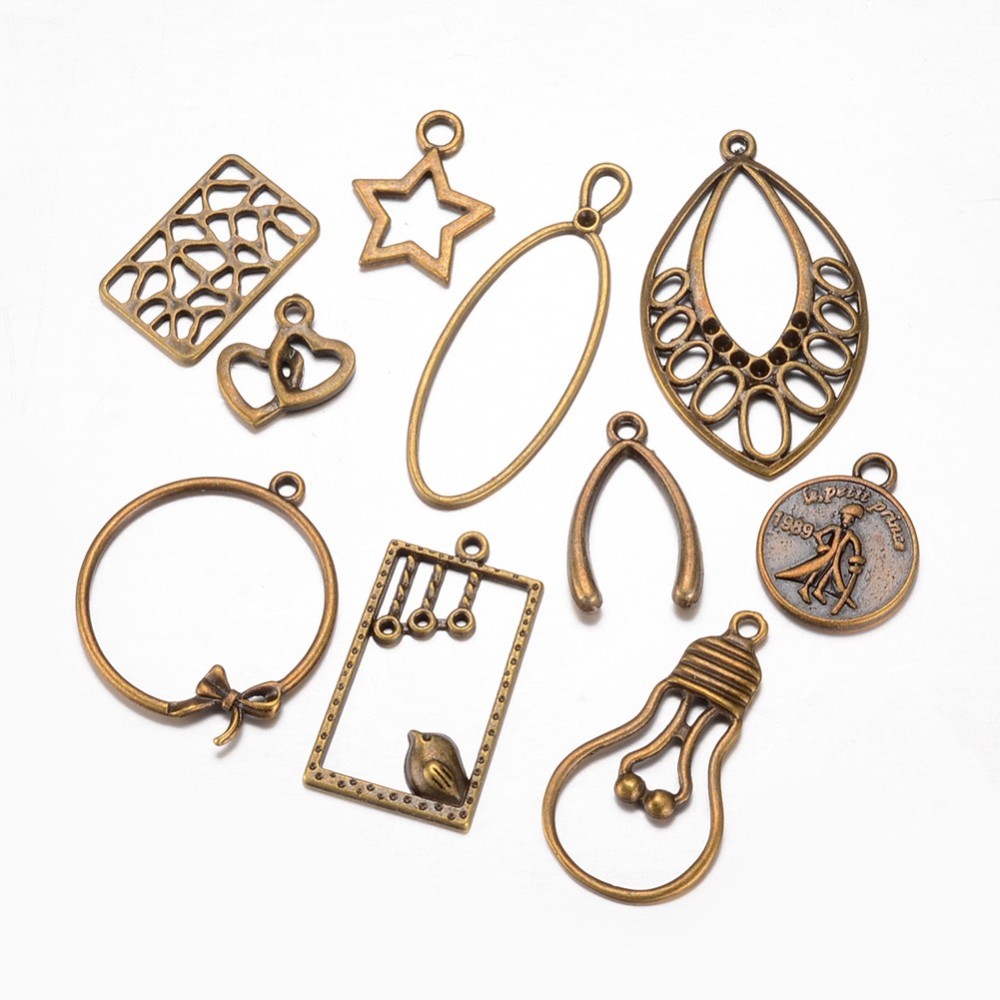 PandaHall Tibetan Style Alloy Pendants, Mixed Shapes, Antique Bronze, 16~46x14~30x1~2.5mm, Hole: 0.5~5mm; 10pcs/set Alloy Mixed Shapes