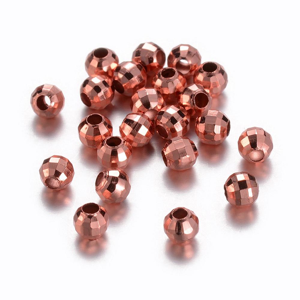 PandaHall Rose Gold Brass Faceted Round Spacer Beads, 4mm, Hole: 1.5mm Brass Round