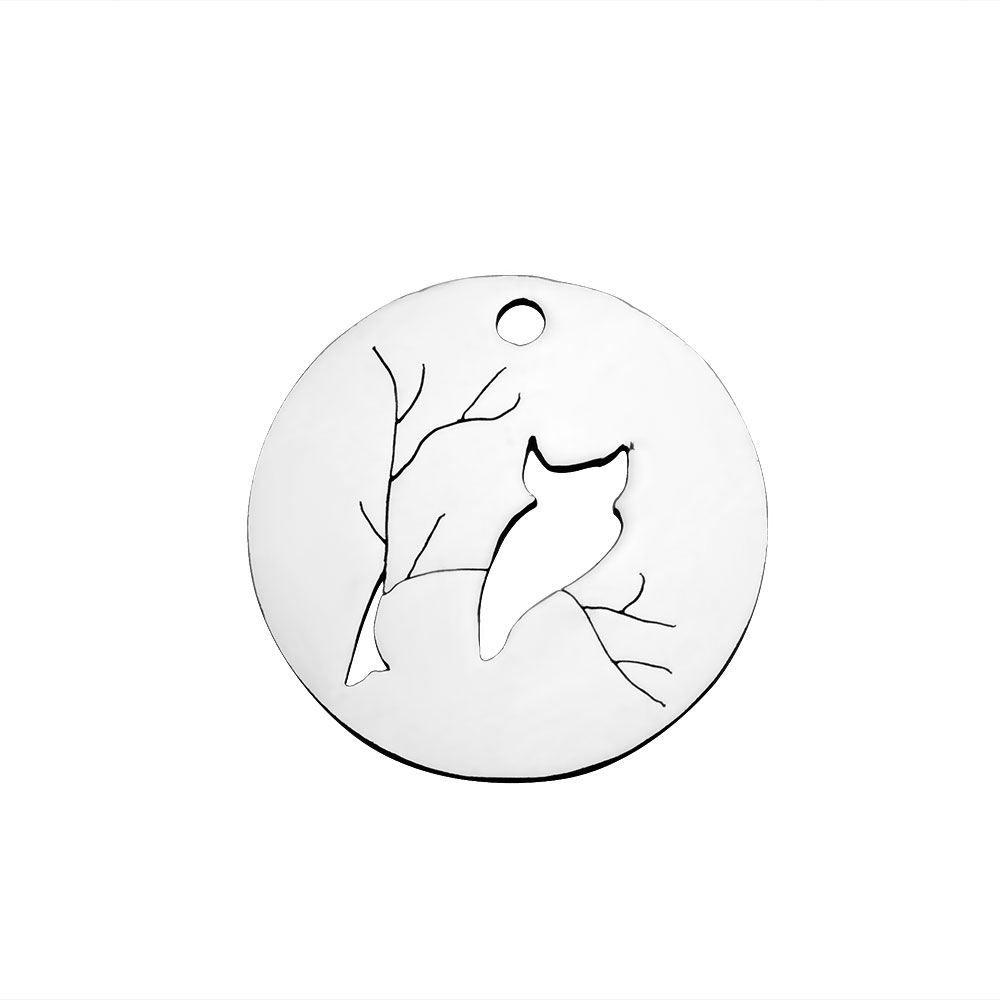 PandaHall 304 Stainless Steel Pendants, Flat Round with Owl, Stainless Steel Color, 20x1.1mm, Hole: 1.5mm Stainless Steel Flat Round