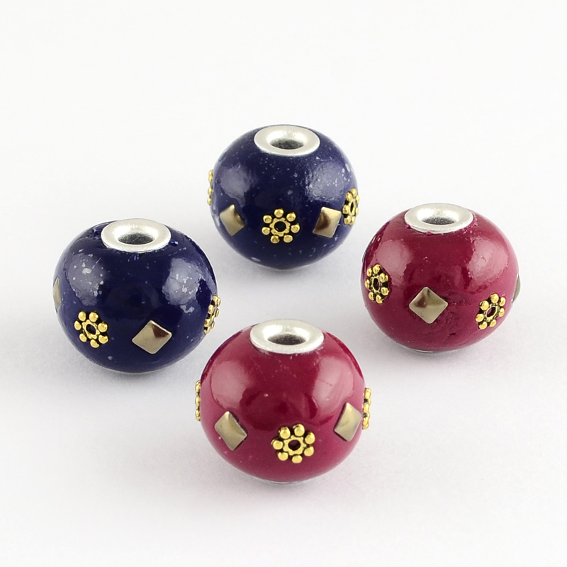 PandaHall Round Handmade Indonesia Beads, with Aluminum Platinum Metal Color Cores, Mixed Color, 15x17mm, Hole: 3mm Polymer Clay Round...