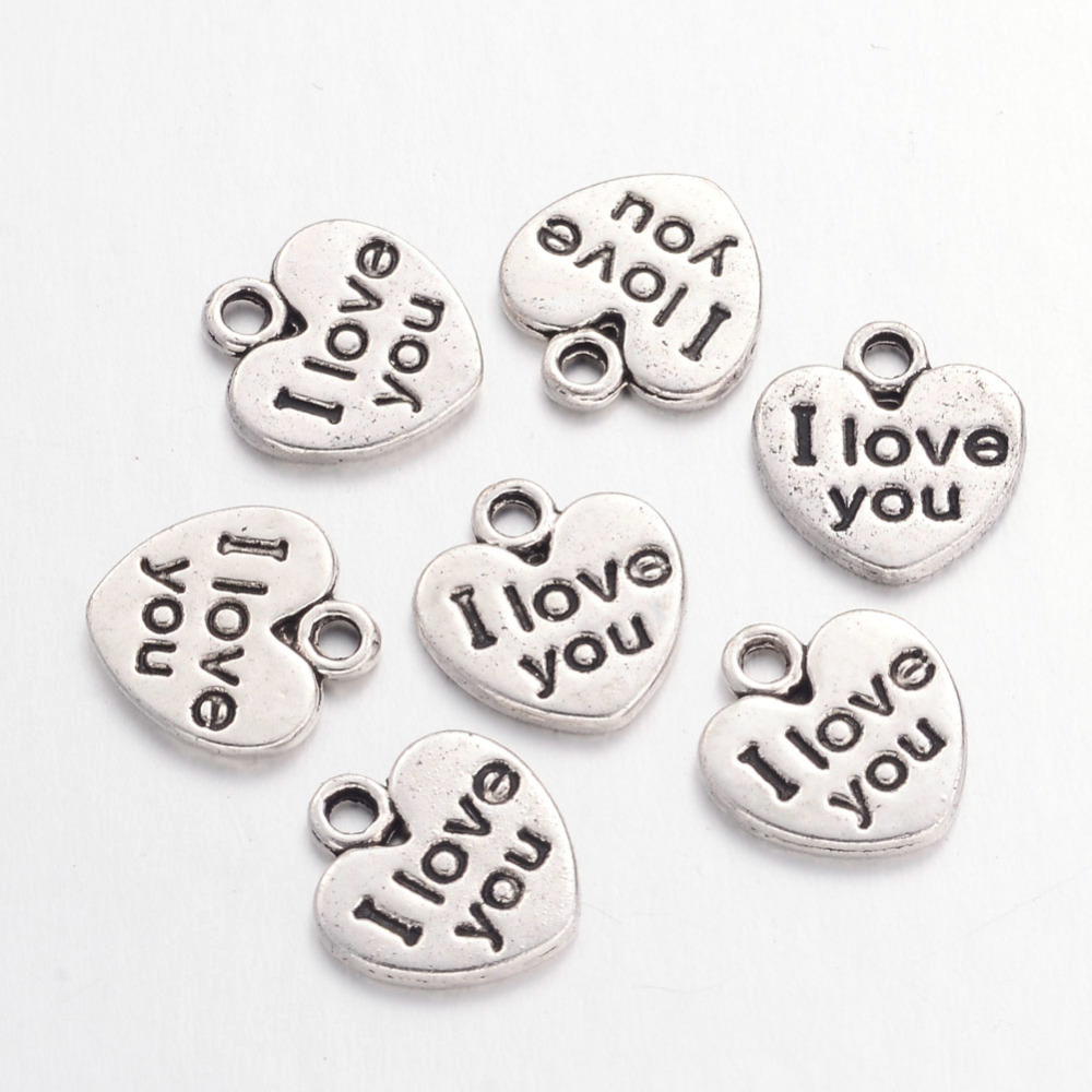 PandaHall Tibetan Style Alloy Charms, Heart with Words I love you, Cadmium Free & Nickel Free & Lead Free, Antique Silver, 11.5x11x1mm, Hole...