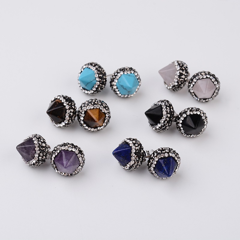 PandaHall Cone Natural Gemstone Earrings, with Polymer Clay Rhinestone and Sterling Silver Findings, 13x11mm; Pin: 0.7mm Mixed Stone