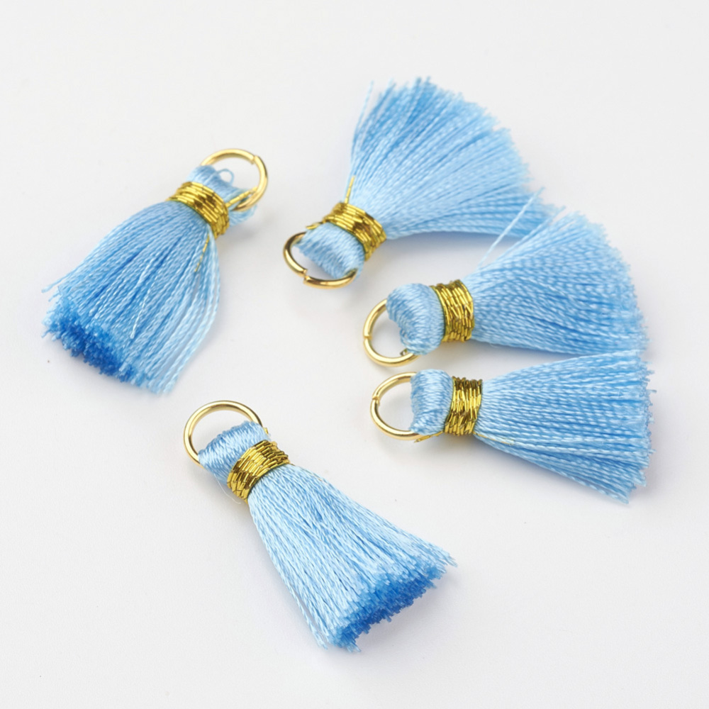 PandaHall Nylon Tassel Pendant Decoration, with Brass Findings, Golden, SkyBlue, 23~27x5mm, Hole: 4mm Nylon Blue