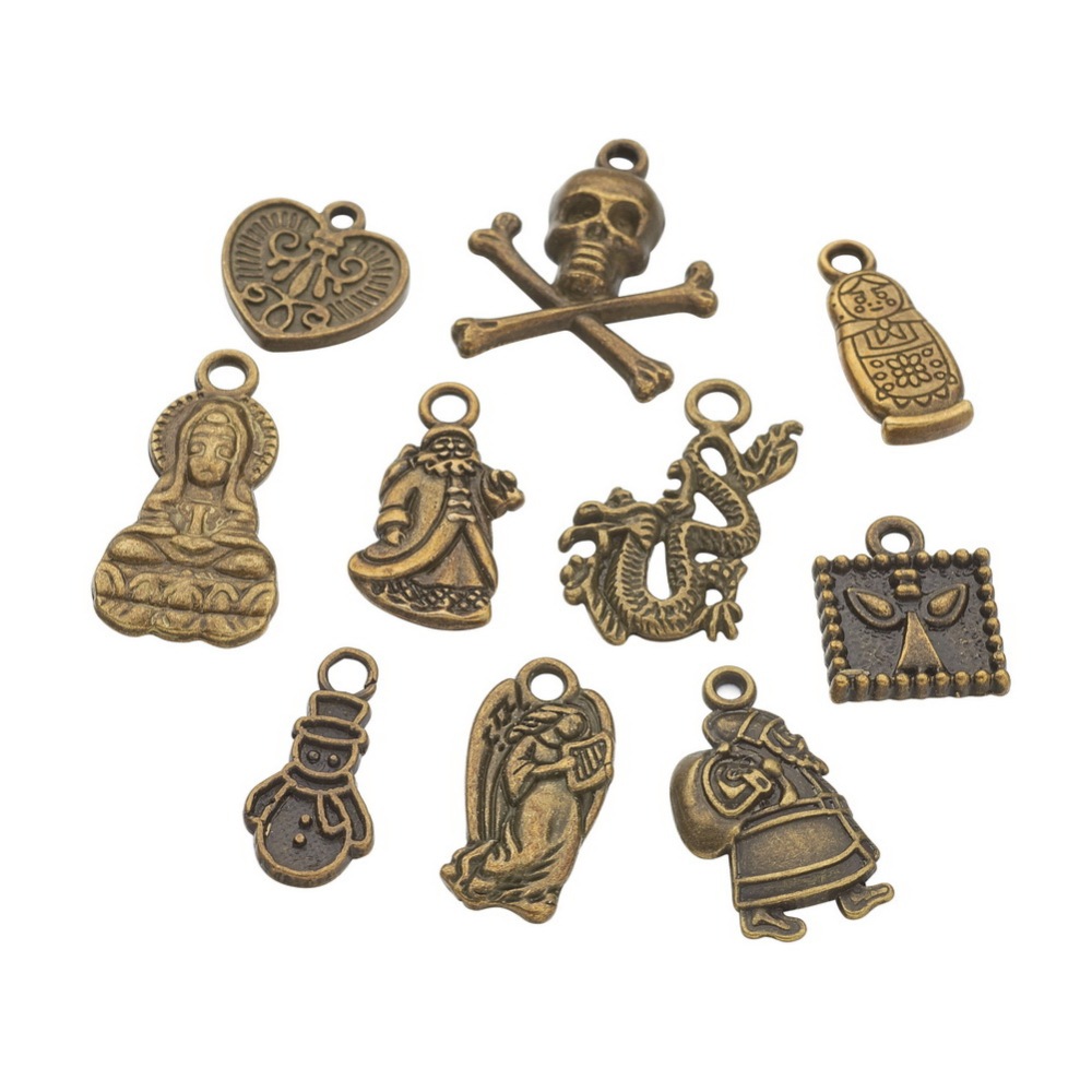 PandaHall Tibetan Style Alloy Pendants, Mixed Shapes, Antique Bronze, 16~27x10~26x2~4mm, Hole: 2~3mm; 10pcs/set Alloy Mixed Shapes