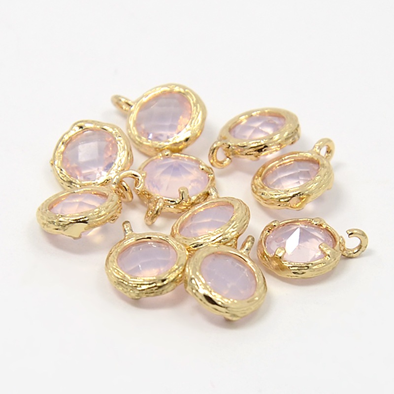 PandaHall Real Gold Plated Brass Glass Pendants, Faceted Flat Round Charms, LavenderBlush, 10x7.5x4mm, Hole: 1mm Brass+Glass Flat Round Pink