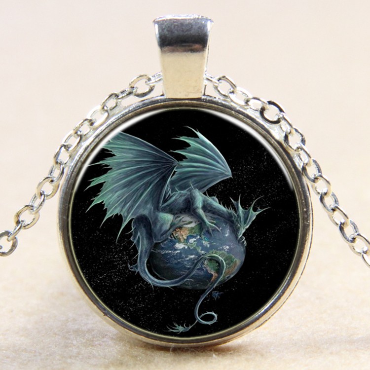 PandaHall Dinosaur Pattern Flat Round Glass Pendant Necklaces, with Alloy Chains, Silver, 18" Glass