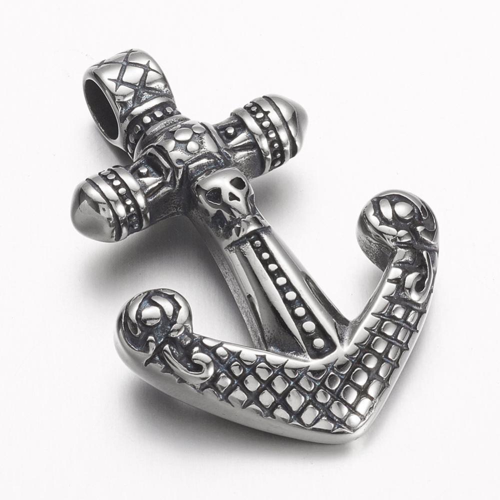 PandaHall 304 Stainless Steel Big Pendants, Anchor with Skull, Antique Silver, 50x34.5x7.5mm, Hole: 6mm Stainless Steel Anchor & Helm
