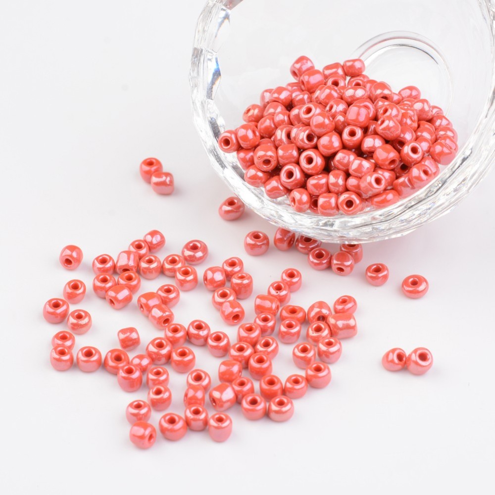 PandaHall 6/0 Opaque Colors Lustered Round Glass Seed Beads, Red, Size: about 4mm in diameter, hole:1.5mm, about 450pcs/50g Glass Red