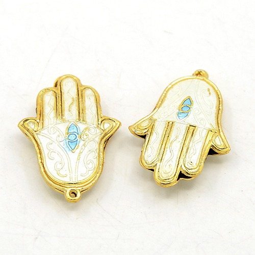 PandaHall White Hamsa Hand/Hand of Fatima/Hand of Miriam Cloisonne Pendants, 28mm long, 17mm wide, 6mm thick, hole: 5mm Palm White