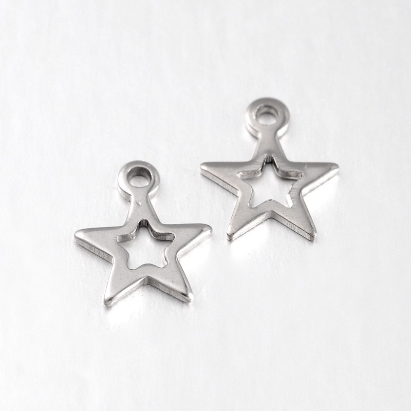 PandaHall 304 Stainless Steel Star Charms, Stainless Steel Color, 10x8x1mm, Hole: 1mm Stainless Steel Star