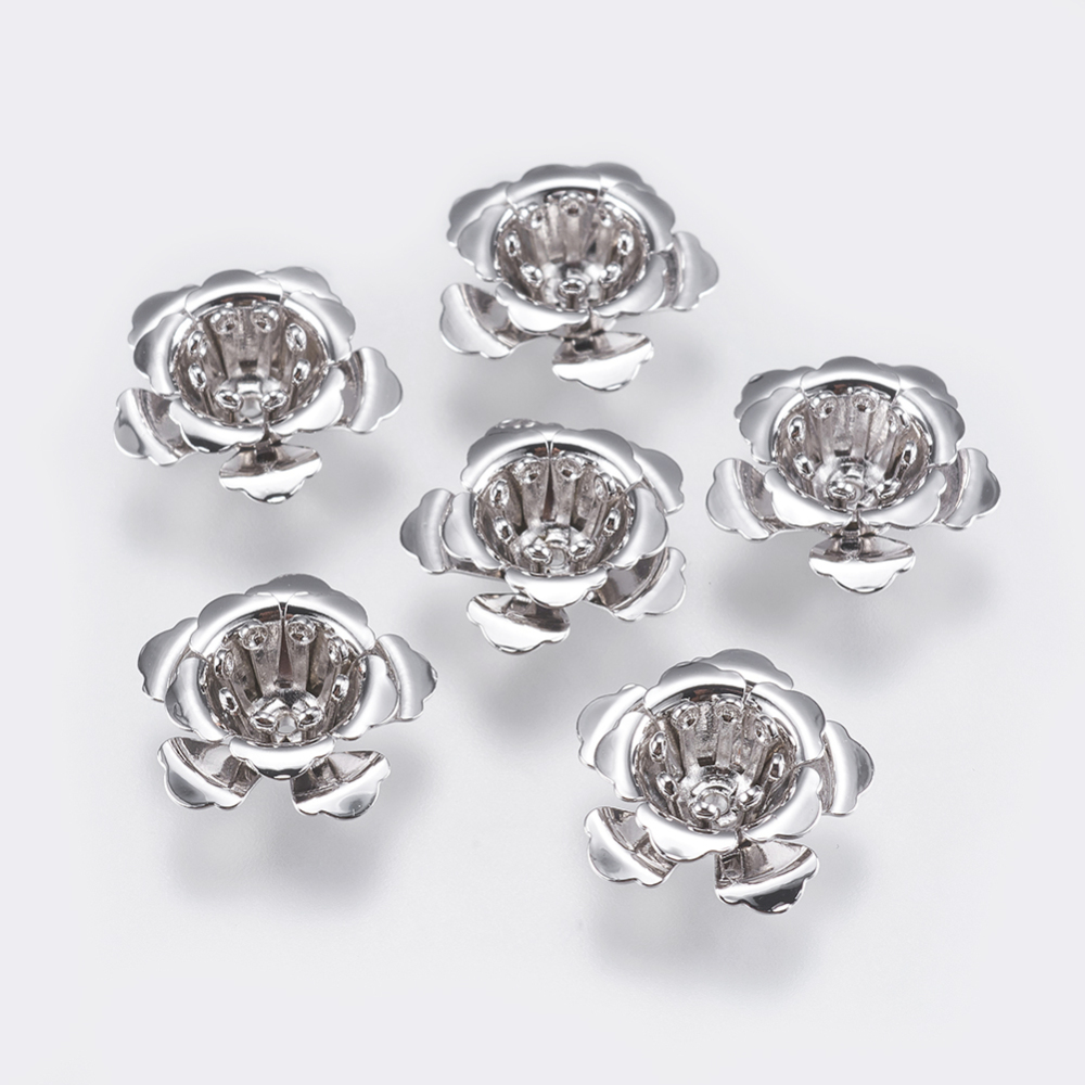 PandaHall 5-Petal Brass Bead Caps, Flower, Real Platinum Plated, 15x6.5mm, Hole: 1mm Brass