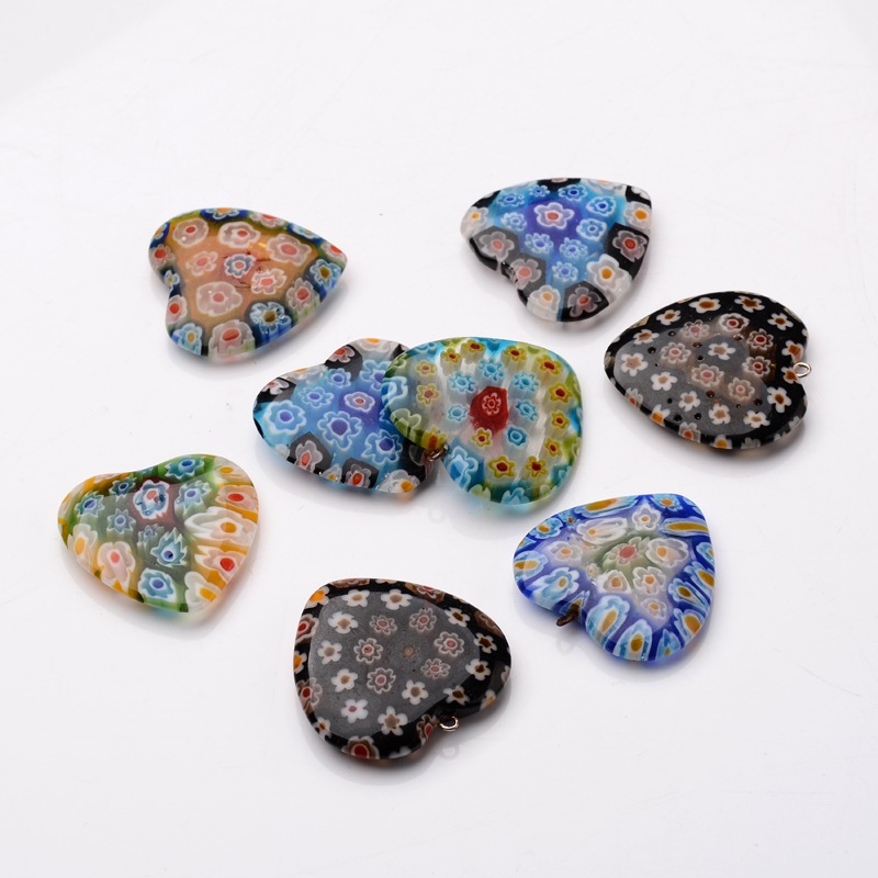 PandaHall Heart Handmade Millefiori Glass Findings, Half Drilled Beads and Pendants, Mixed Color, 24~25x24~25x6~7mm, Hole: 1~1.5mm...